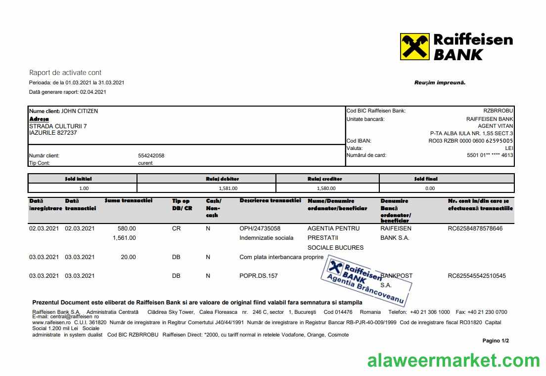 Romania Raiffeisen bank statement template in Excel and PDF format